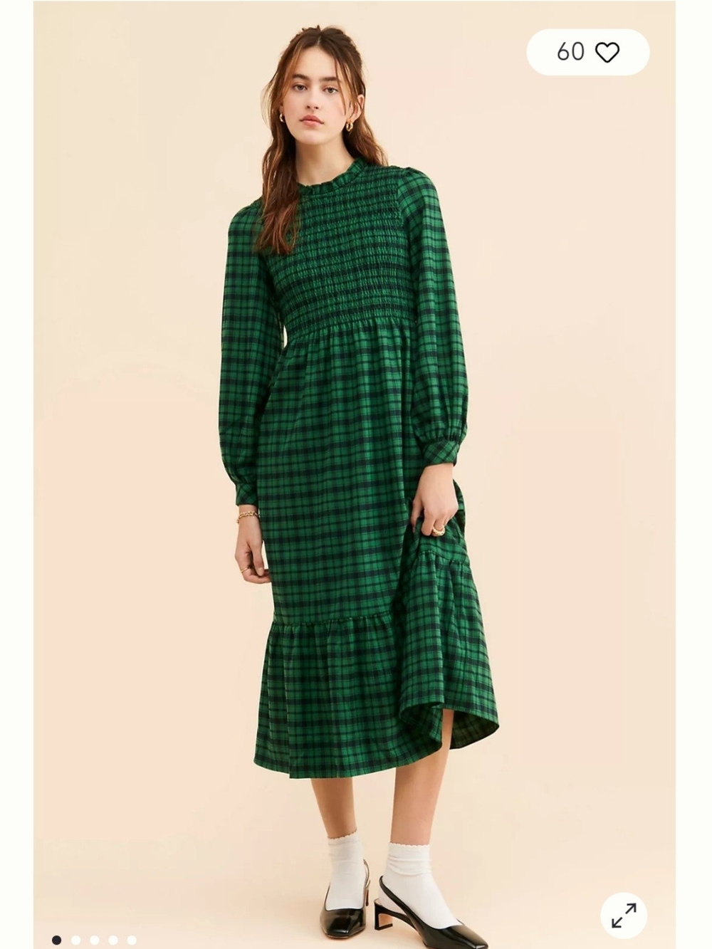 Anthropologie Green Plaid Smocked Midi Dress